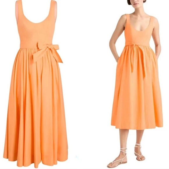 $425! Cinq a Sept Kilah Midi Dress Poplin Corset Bow Belt Pocket Flare Orange 12 - Picture 1 of 7